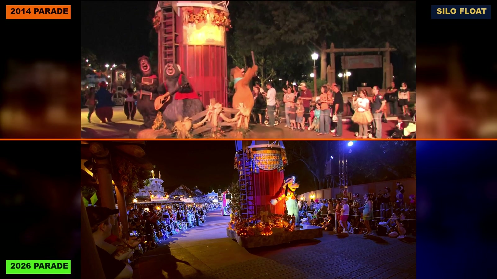 The red silo float in the 2014 parade above and the 2026 parade below.