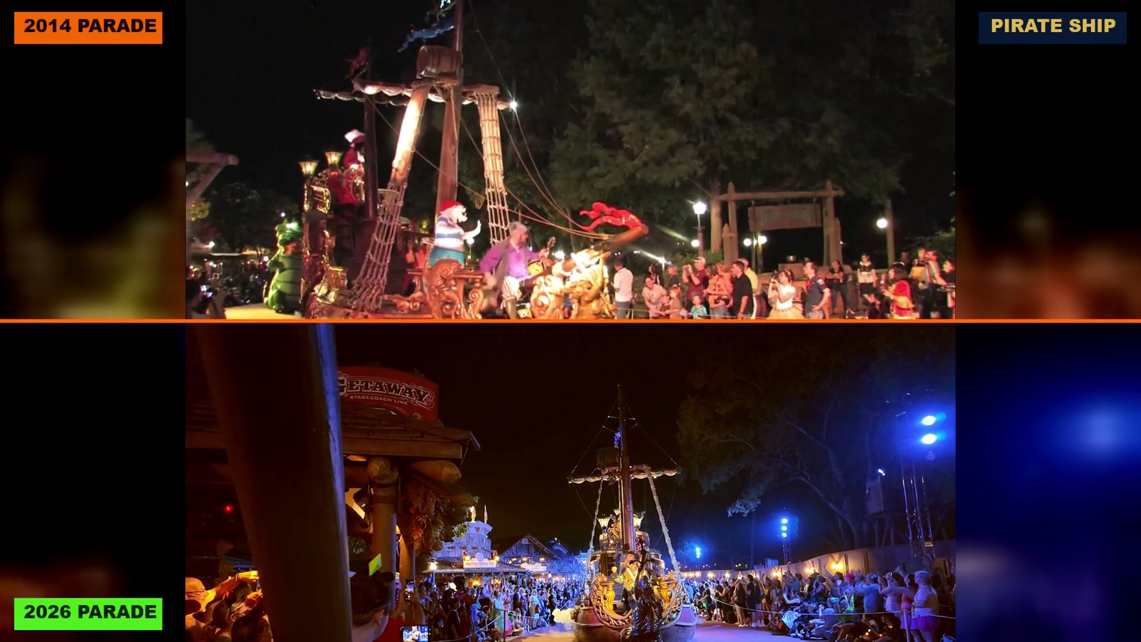 The Boo To You pirate ship float in 2014 above and in 2026 below.