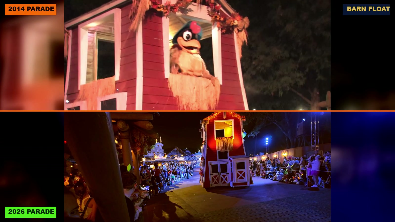 The barn float in 2014 above and 2026 below, a rooster in the top window in both.