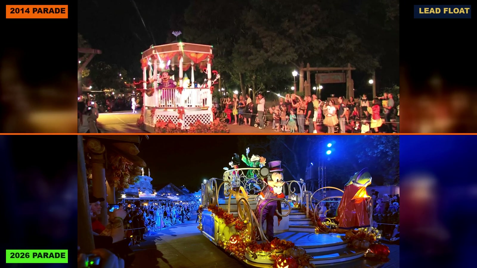 The 2014 gazebo lead float above the 2026 gold Mickey and Minnie pumpkin float.