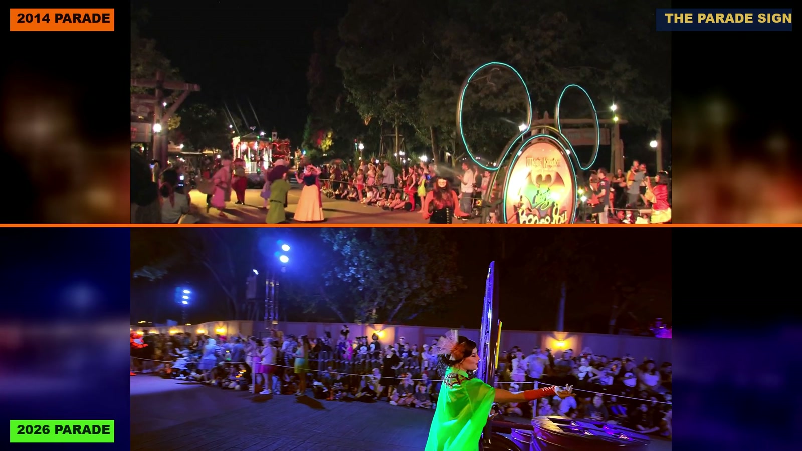 The Boo To You parade sign in 2014, a neon Mickey-ears sign, above the 2026 glowing wheel sign.