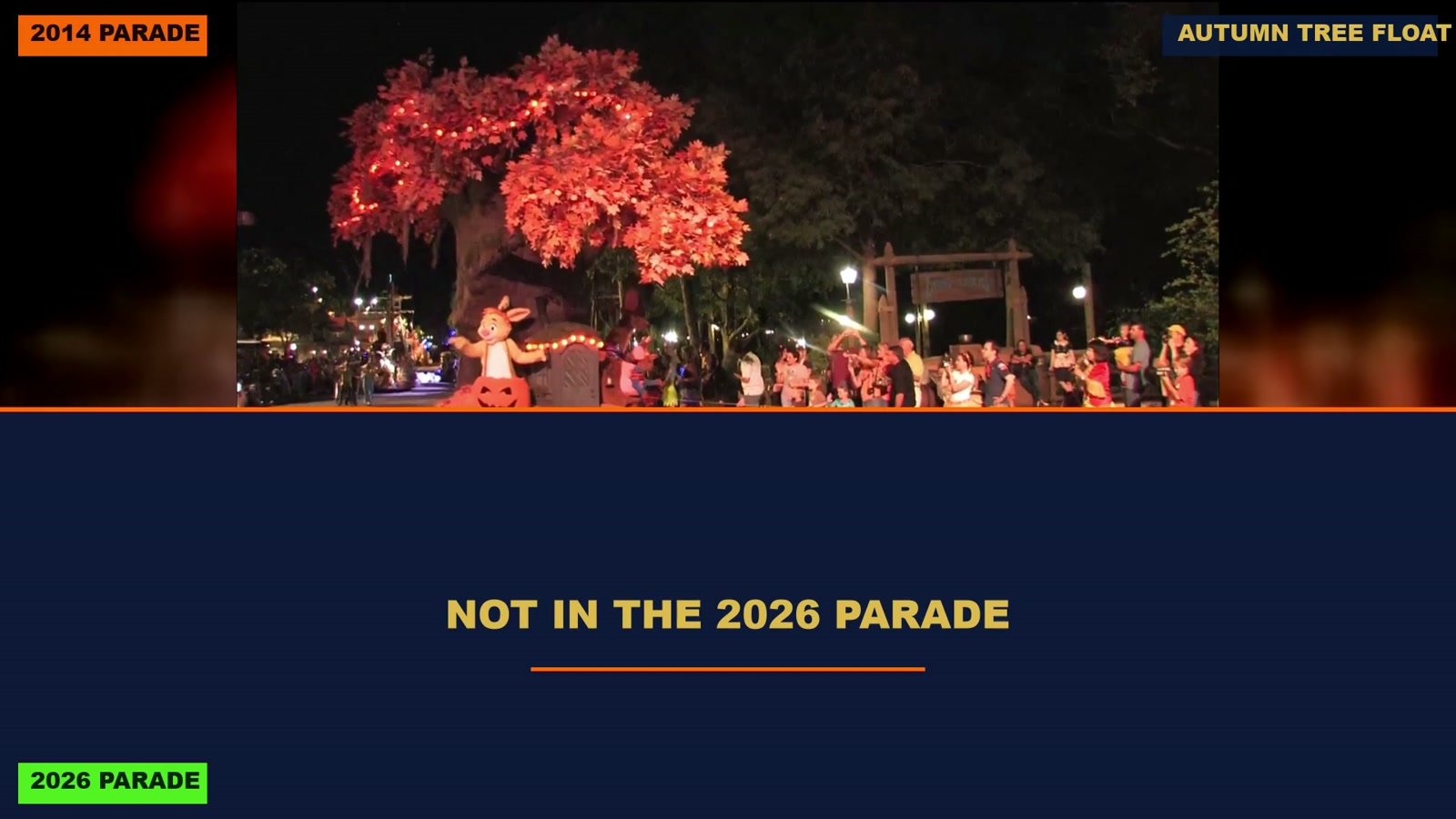 The 2014 autumn tree float above a card reading not in the 2026 parade.