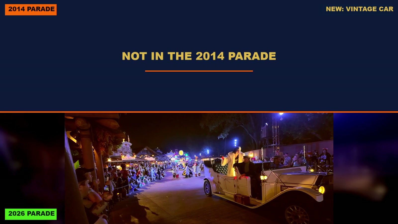 A card reading not in the 2014 parade above the 2026 vintage white car carrying Cruella de Vil.
