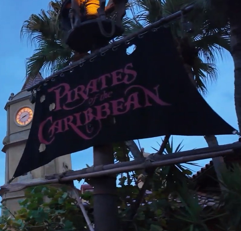 Pirates of the Caribbean boats passing through the ride scenes