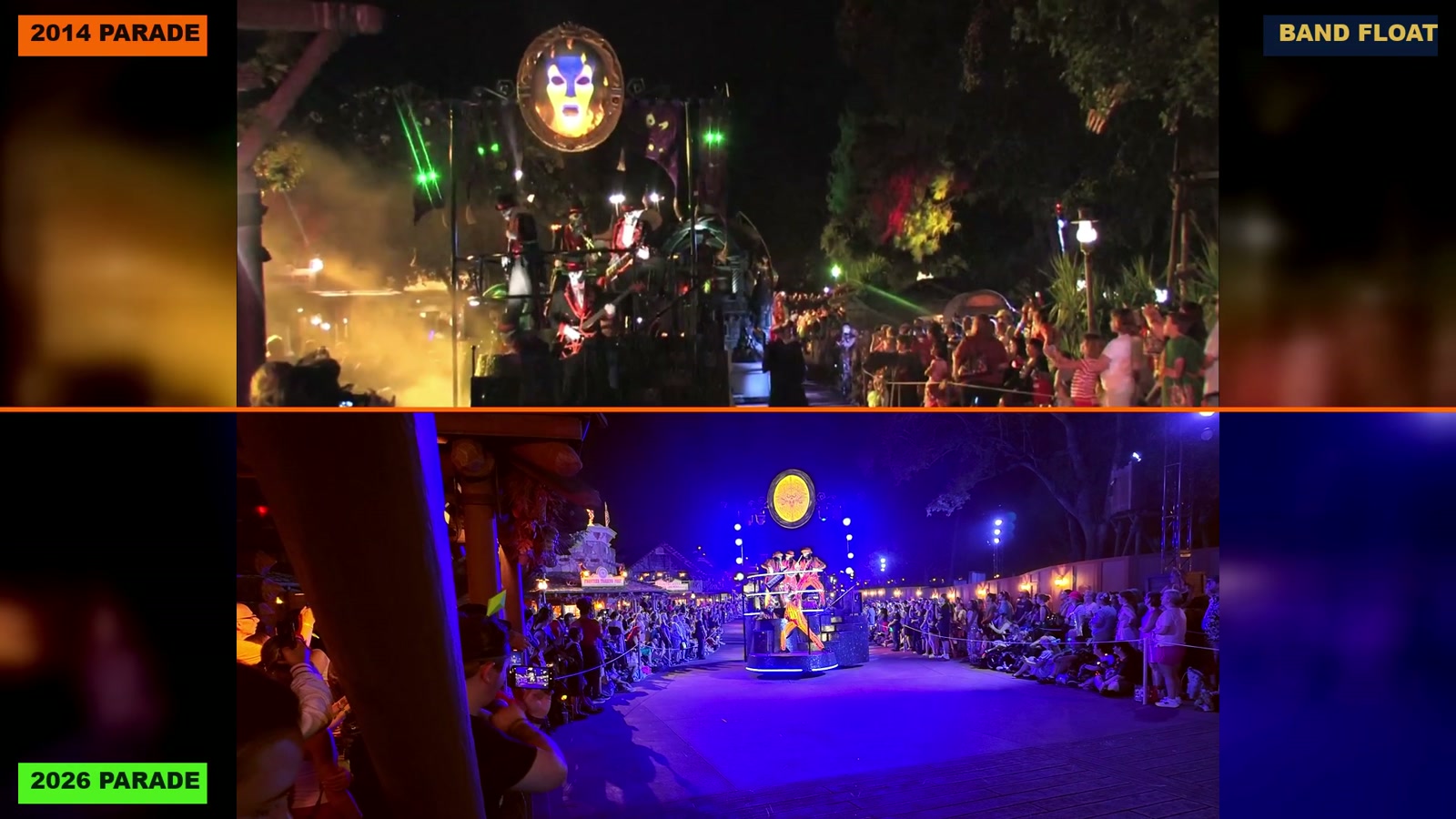 The dark ghoulish 2014 band float above the neon-lit 2026 band float.