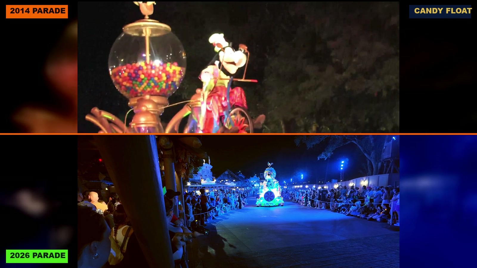 The candy float in 2014 above and 2026 below, brighter and more detailed in the newer parade.