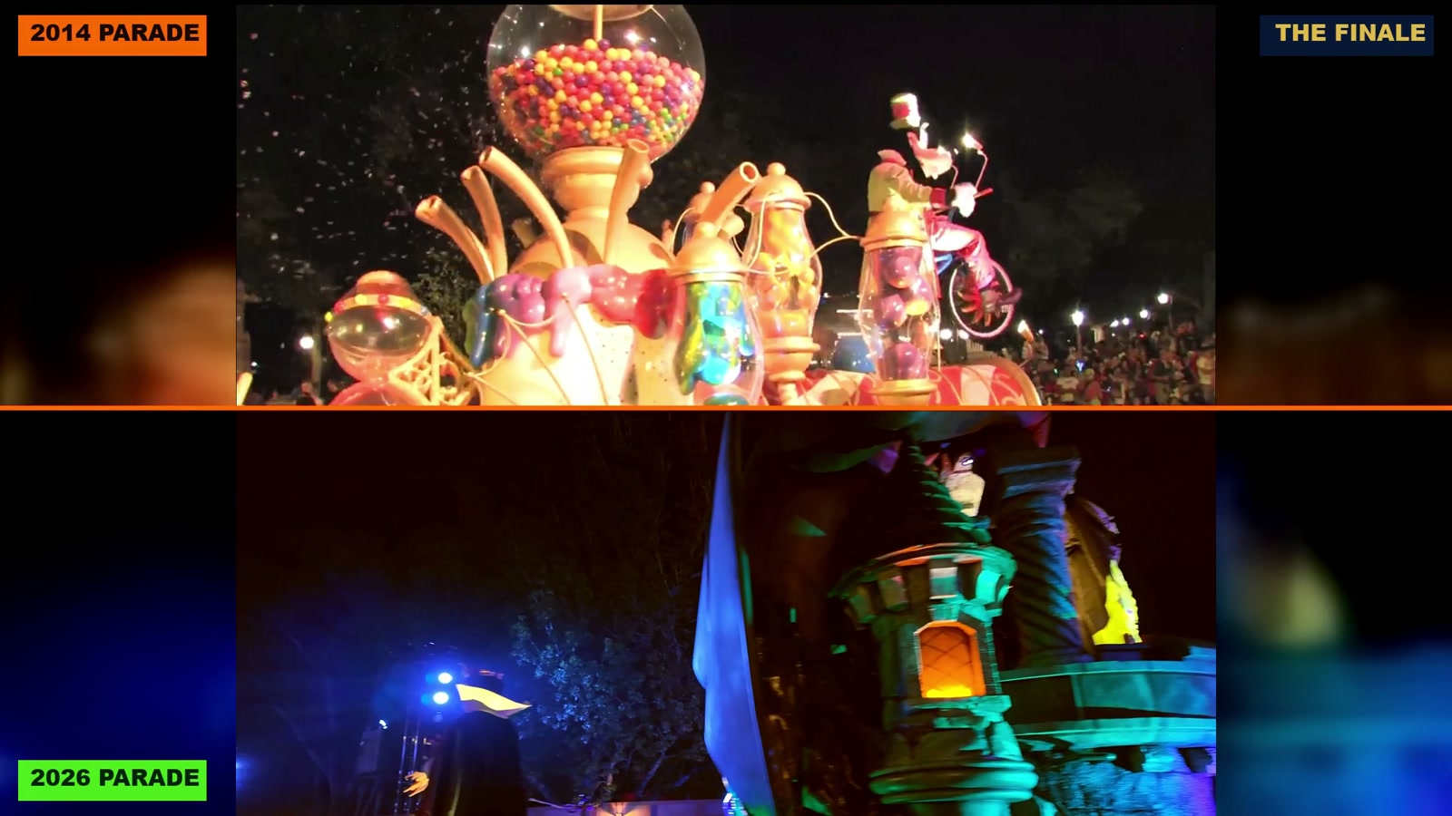 The 2014 finale candy float above the 2026 finale villains castle float.