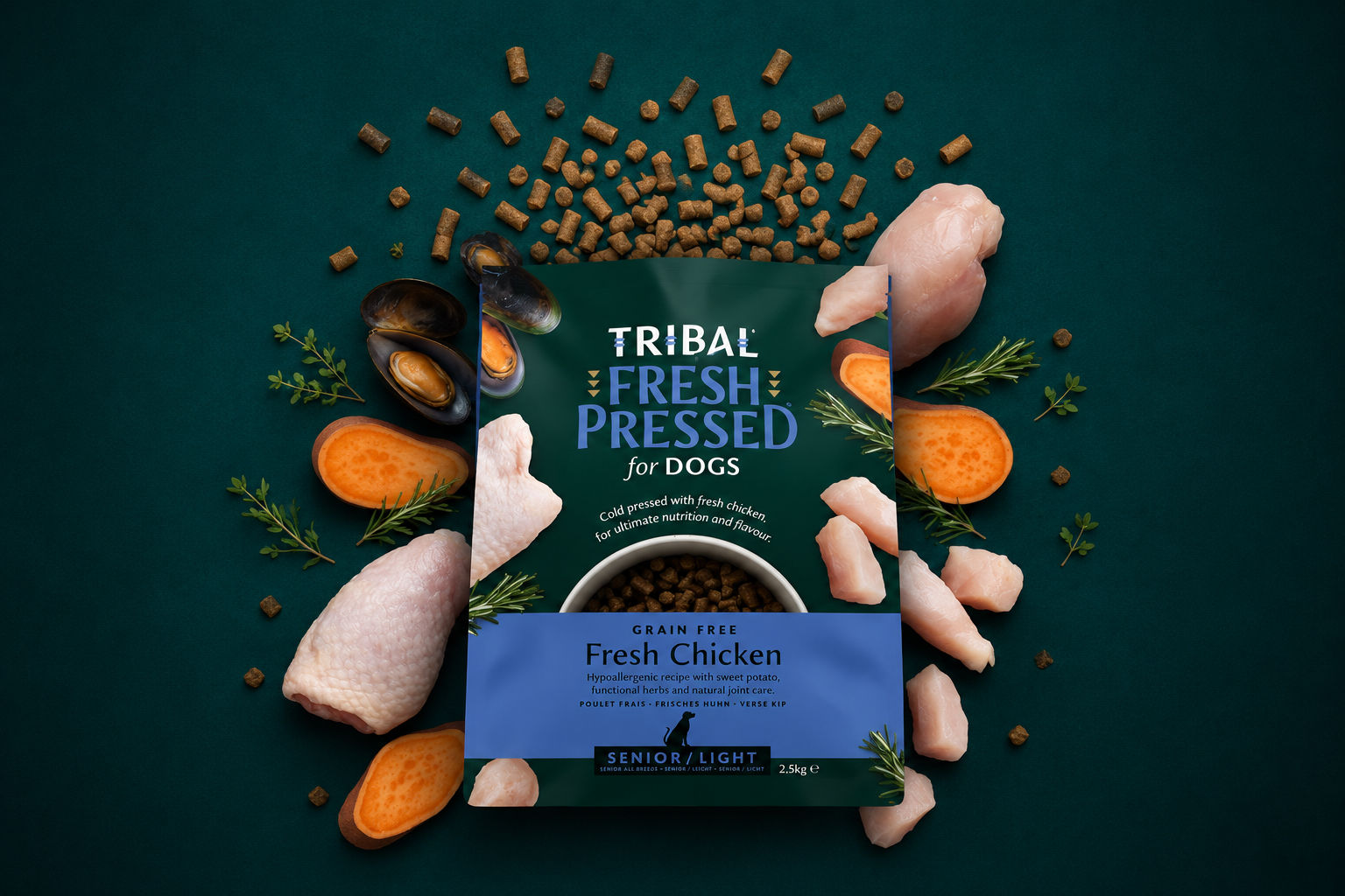 TRIBAL FRESH PRESSED – Grain Free Cold Pressed Complete Dog Food – Senior/Light