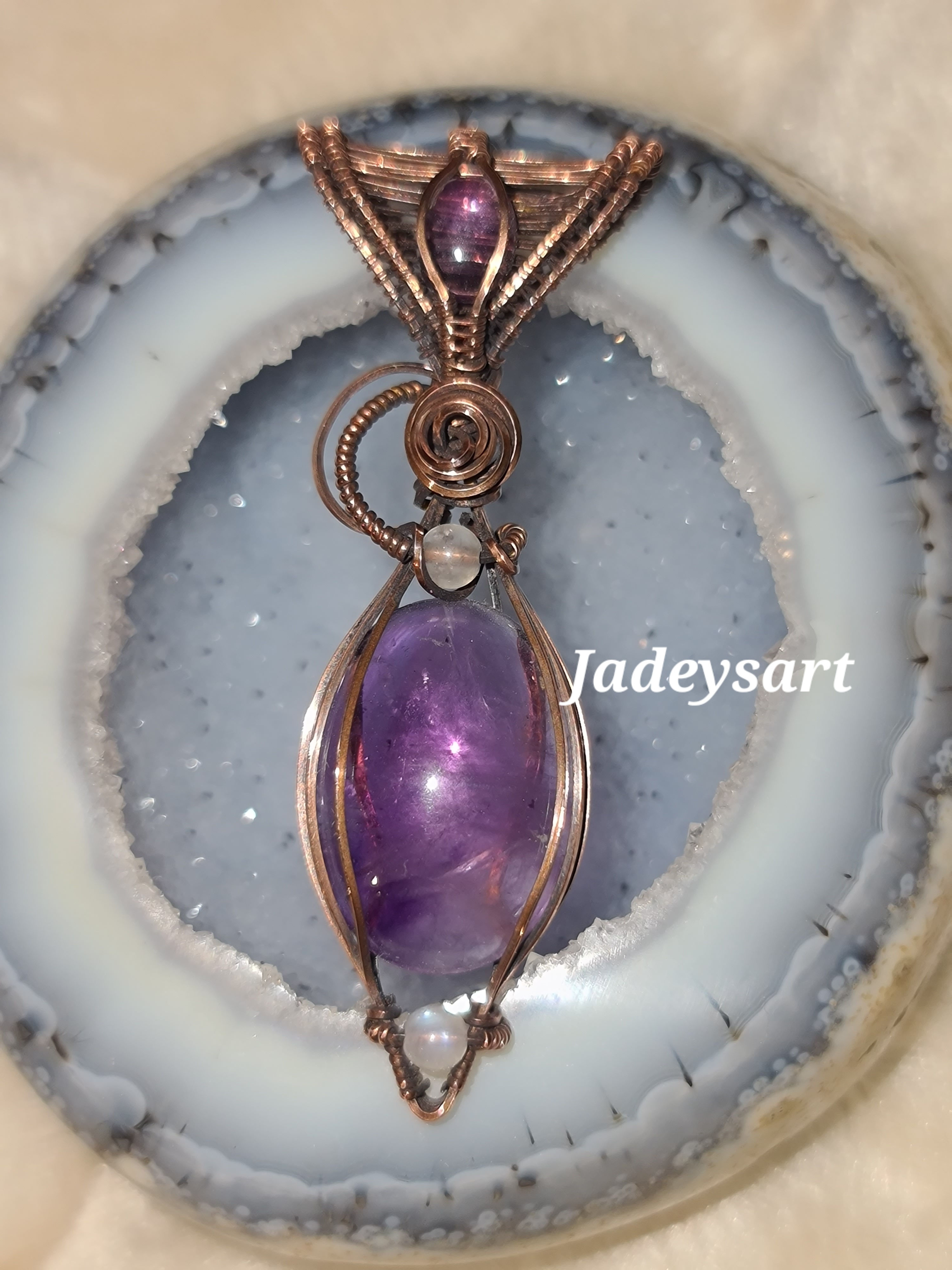 Amethyst with moonstone beads Antique Copper Wire Wrapped