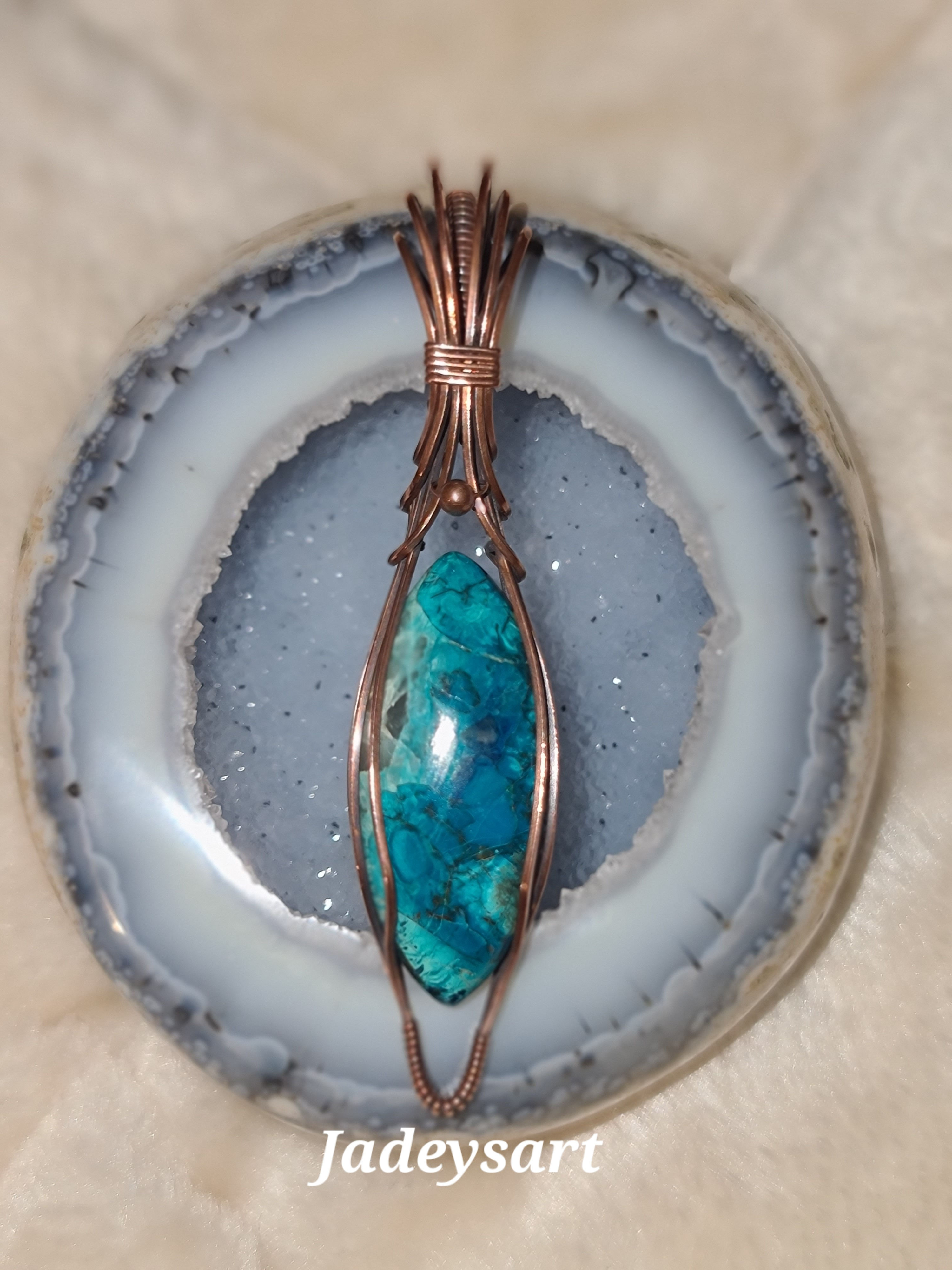 Chrysocolla Art deco style Antique Copper pendant