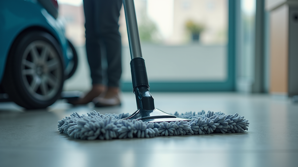Close-up view of commercial cleaning equipment including vacuum and mop