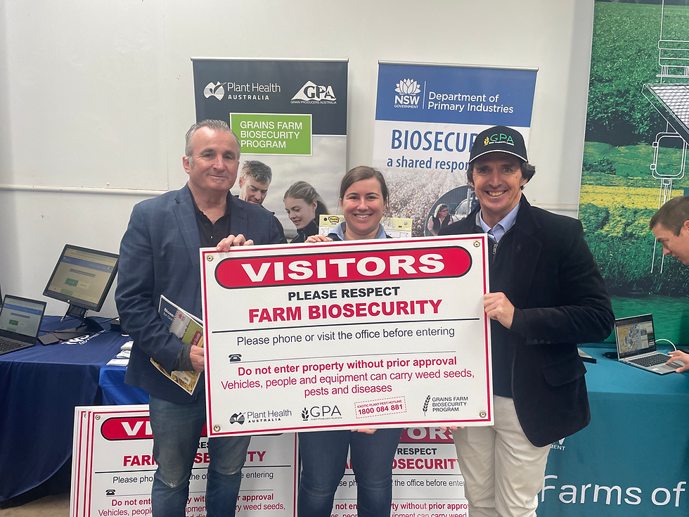 Picture caption: GPA Chief Executive Colin Bettles (left), NSW Grains Biosecurity Officer, Kate Glastonbury, and GPA National Mental Health Ambassador, Brad Hoggt, at AqQuip recently.