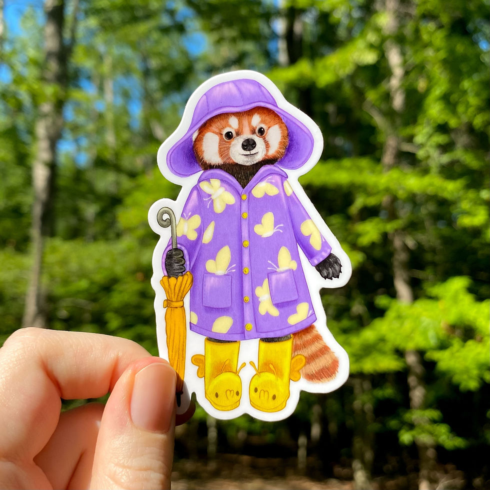 A sticker of a red panda in a purple raincoat with butterflies and yellow rain boots. She's holding
