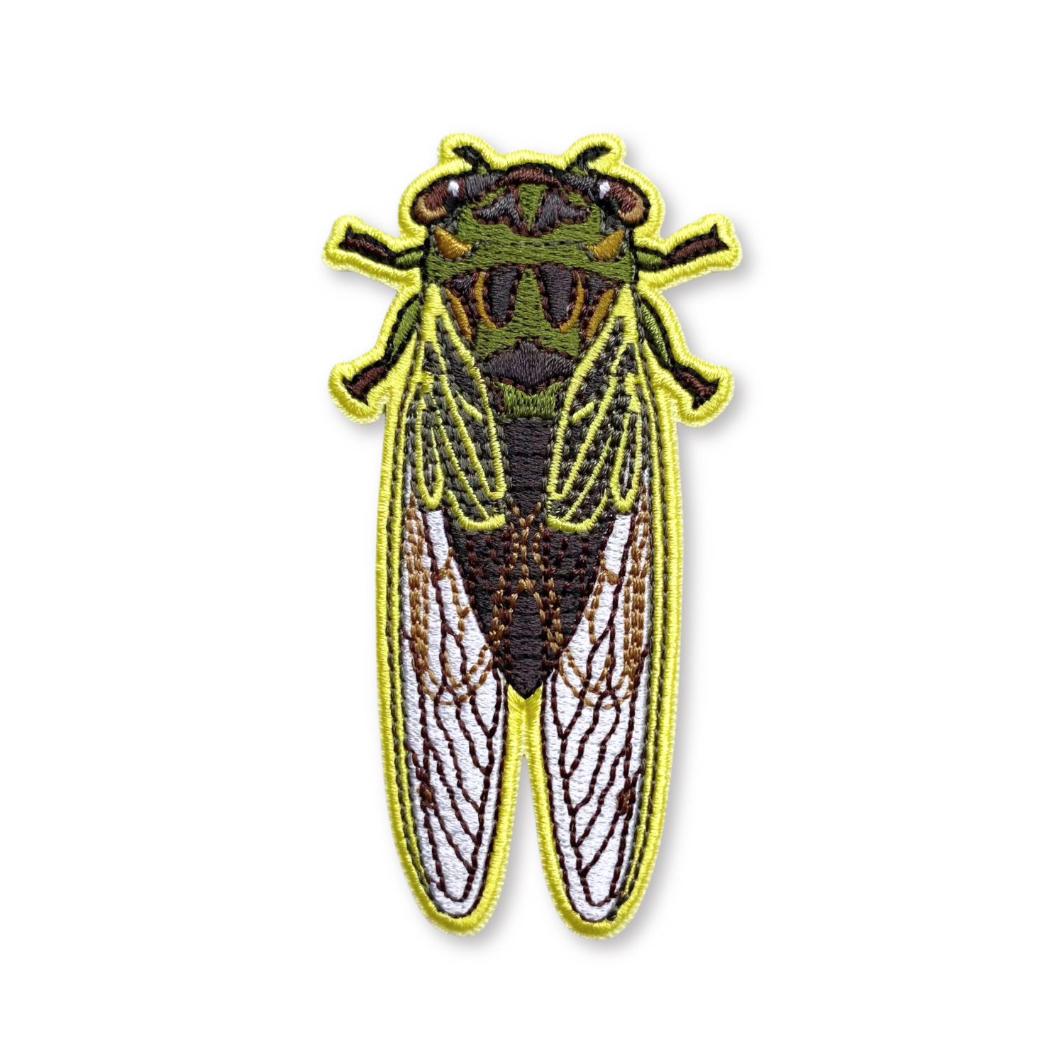 Embroidered cicada patch on a white background