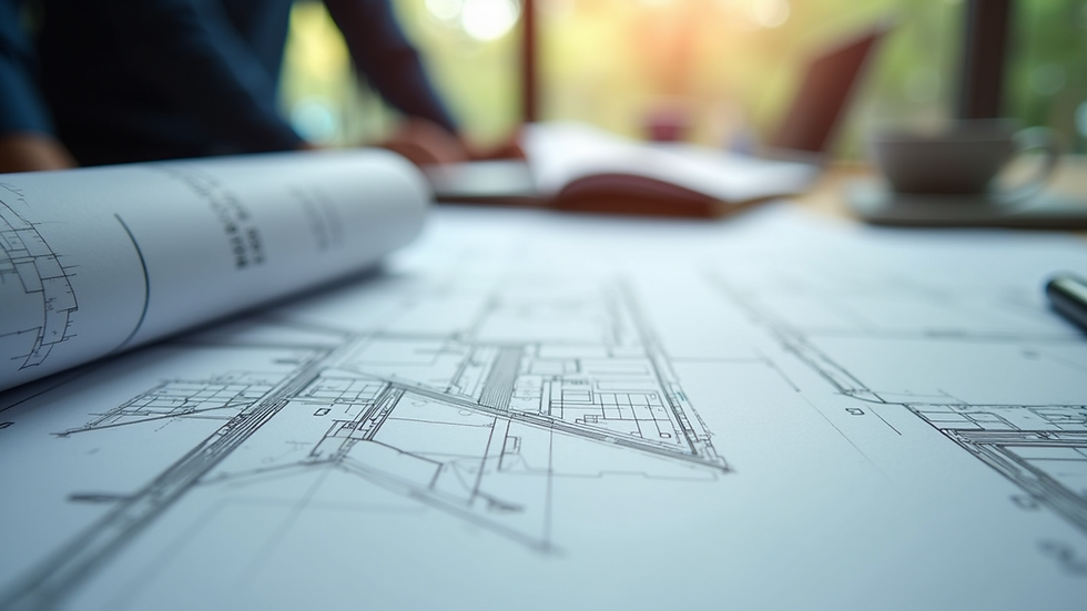 Eye-level view of modern architectural plans on a desk