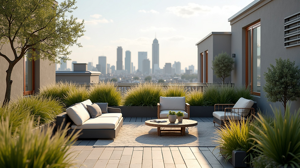 Wide angle view of rooftop garden with native plants and seating area