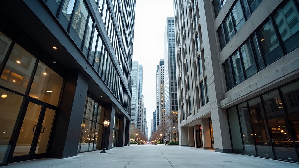Eye-level view of modern Chicago office building exterior