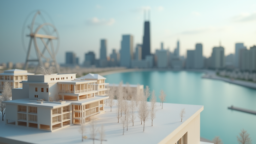 Close-up view of architectural model with Chicago cityscape in the background