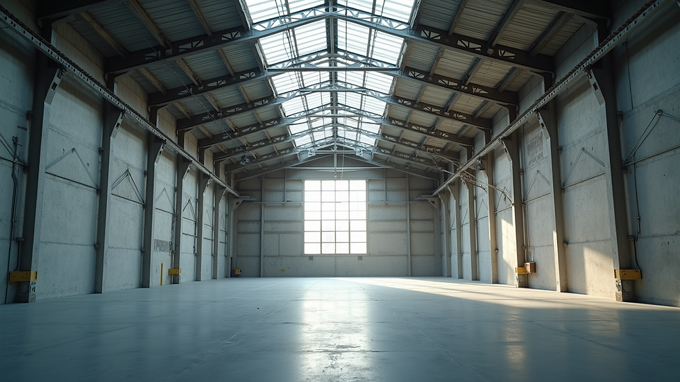 Eye-level view of a warehouse space with large windows and skylights allowing natural light