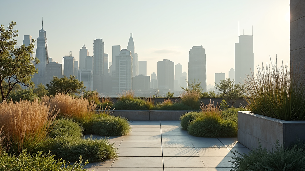 Wide angle view of rooftop garden with native plants and city skyline