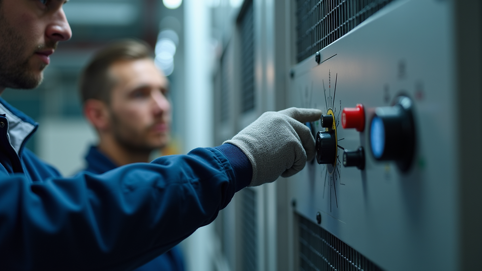 Close-up view of a technician testing HVAC system controls