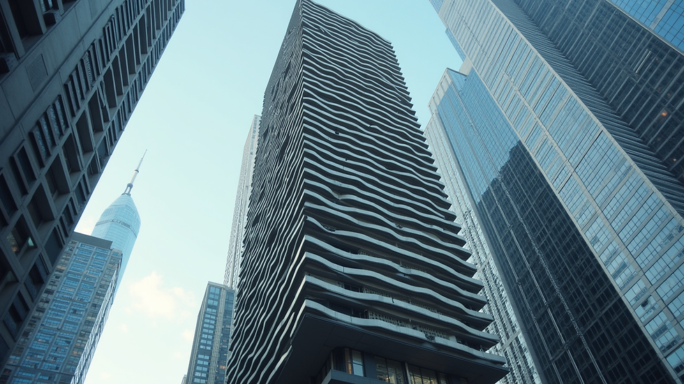 High angle view of a contemporary skyscraper with unique balcony design in Chicago