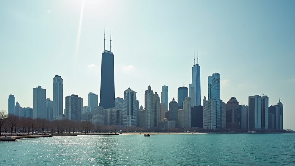 Wide angle view of Chicago skyline with diverse architectural styles