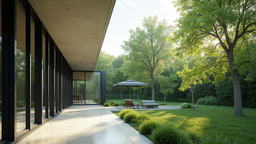 Eye-level view of a modern building with large windows overlooking a lush green garden