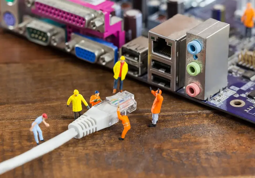 Ilustrasi pekerja infrastruktur internet yang menghubungkan perangkat Anda ke jaringan internet