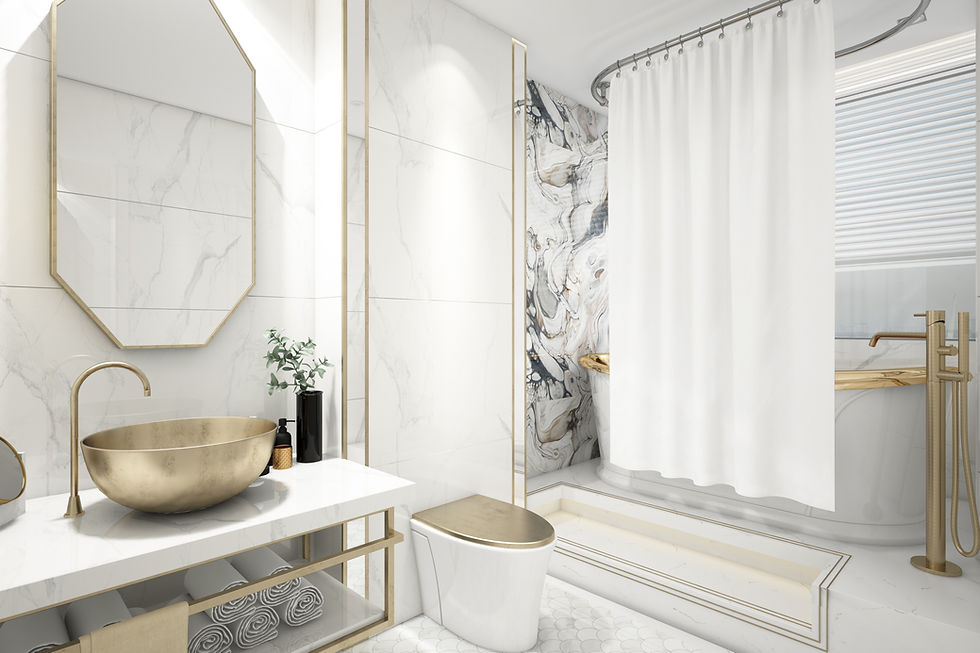 Tampilan kamar mandi dengan toilet, wastafel, dan bathtub. Kamar mandi dipenuhi marmer putih dengan aksen abu-abu dan emas.