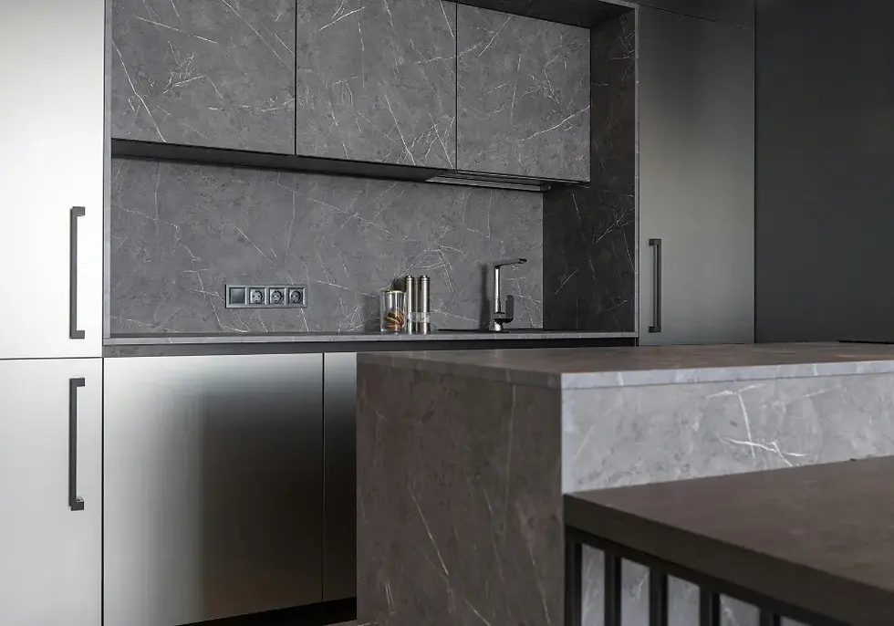Backsplash, kabinet, dan top table yang menggunakan marmer abu-abu