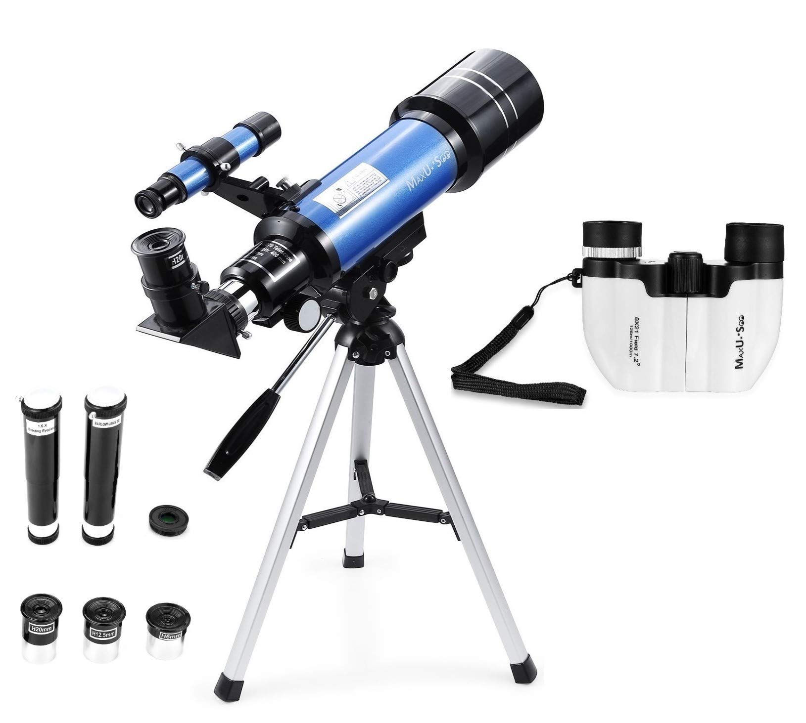 MaxUSee 70mm Refractor Telescope + 8X21 Compact HD Binoculars for Kids and Astro