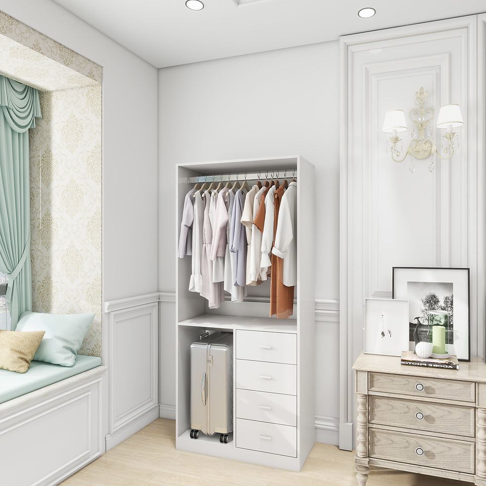 Thumbnail: White Wood Closet System Storage Stand-Alone Wardrobe with 4 Drawers Closet Orga