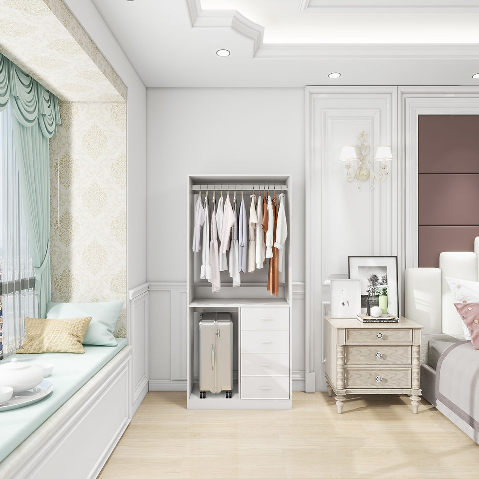 Thumbnail: White Wood Closet System Storage Stand-Alone Wardrobe with 4 Drawers Closet Orga