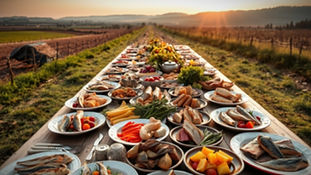 Landscape image of a long wooden table, in the countryside, full of various plates of smok