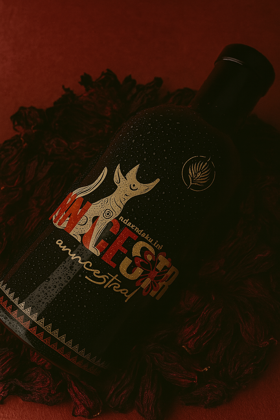 Botella oscura premium de mezcal Flor del Alma (Cempasuchil) de Anncestral, estilo artesanal con etiqueta dorada y diseño de 