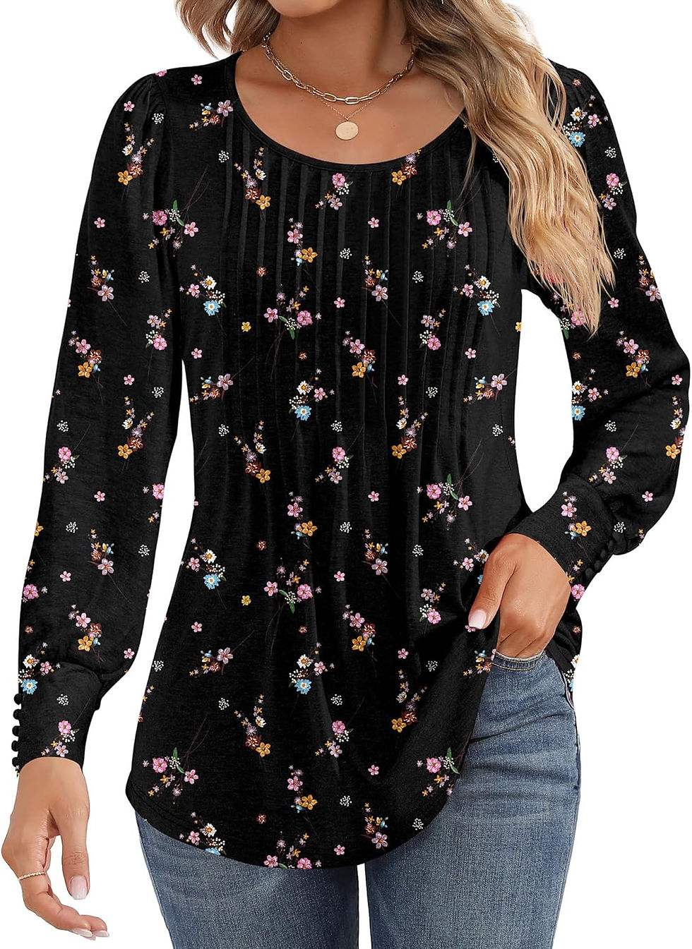 Thumbnail: Women's Puff Long Sleeve Tunic Tops Pleated Crew Neck Blouses Dressy Casual Loo