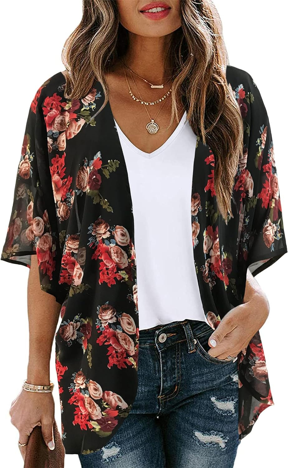 Thumbnail: Women's Floral Print Puff Sleeve Kimono Cardigan Loose Cover Up Casual Blouse T