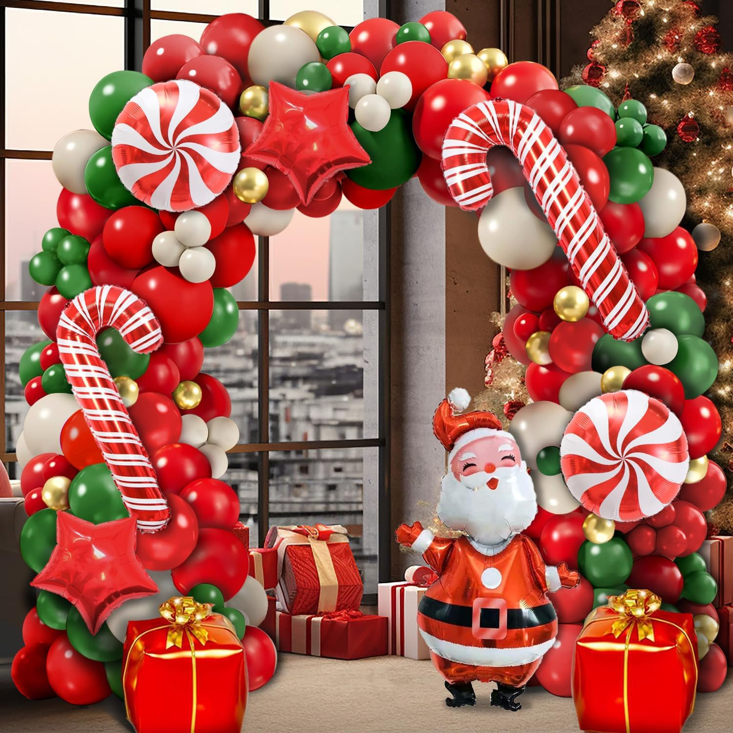 Christmas Balloon Garland Arch Kit Include Red Star, Red and White Candy Balloo