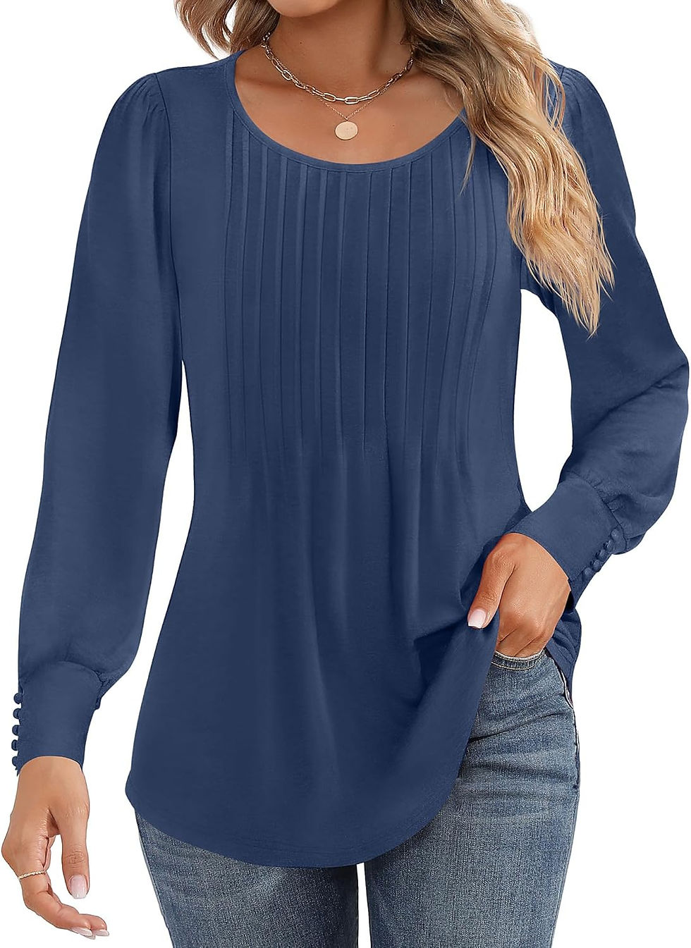 Thumbnail: Women's Puff Long Sleeve Tunic Tops Pleated Crew Neck Blouses Dressy Casual Loo