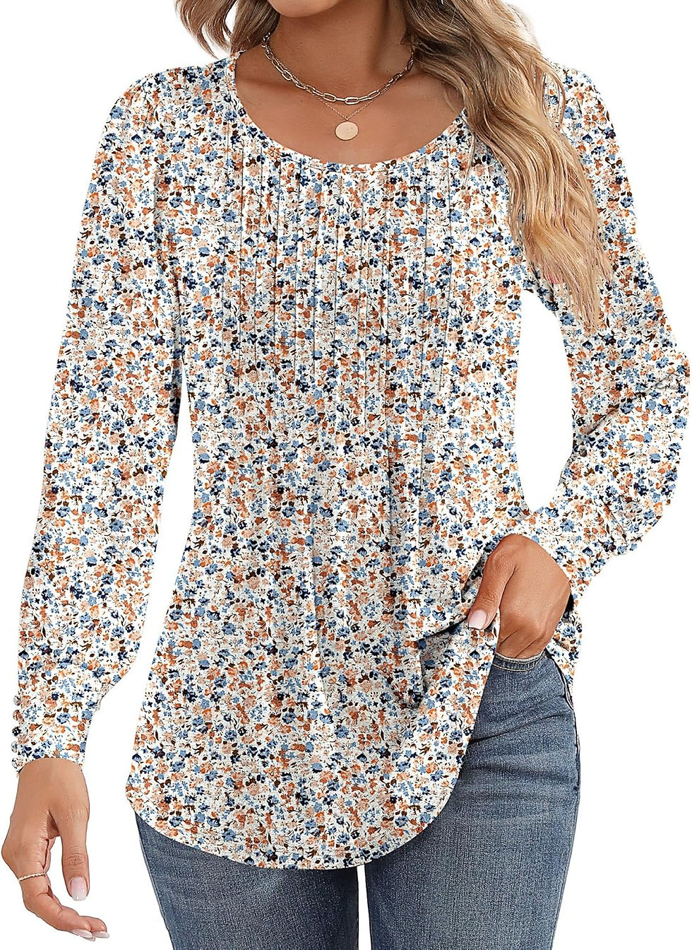 Thumbnail: Women's Puff Long Sleeve Tunic Tops Pleated Crew Neck Blouses Dressy Casual Loo
