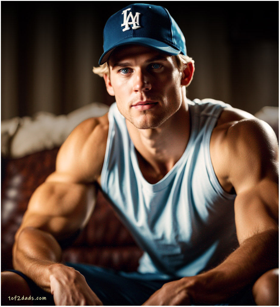 Ai Artwork by 1of2dads.com - Switching Teams - Story Time Blog. Hot gay man in ball cap.