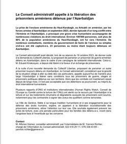 Geneva Administrative Council Calls for "Immediate Release" of 23 Armenian Prisoners by Azerbaijan