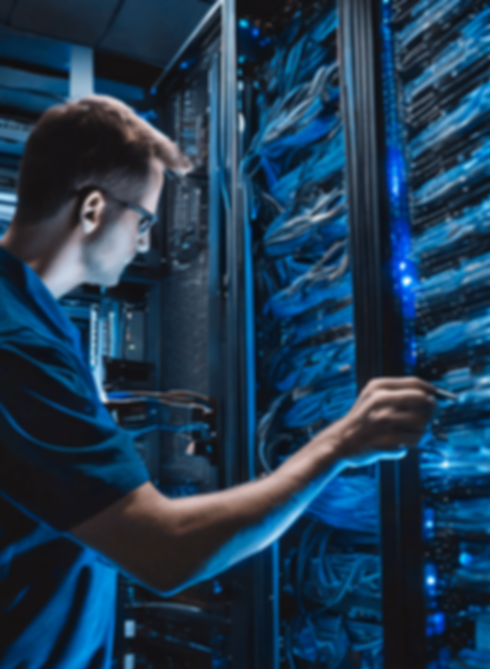 Técnico configurando rack de servidor – Soluções Genesys Distribuição TI