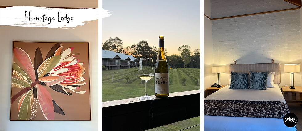 Art of a flower, a wine bottle with glass overlooking vineyards, and a cozy bedroom with lamps and patterned pillows. Text: Hermitage Lodge.