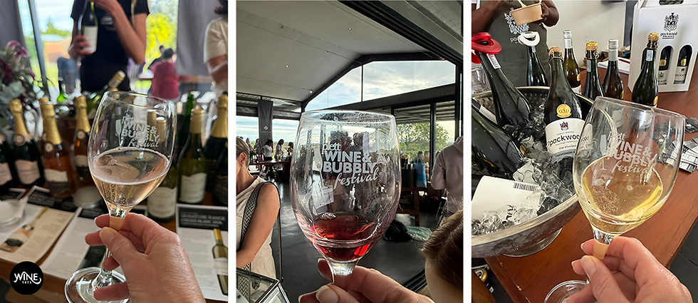 Three wine festival scenes with hand holding branded glasses of sparkling wine and red wine, bottles and ice buckets in background.