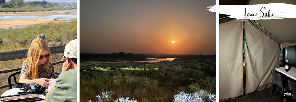 Two people outdoors at a table with binoculars, a sunset over a river, and a tent interior with "Lower Sabie" text. Calm and scenic mood. A family safari through Limpopo & Mpumalanga nature reserves