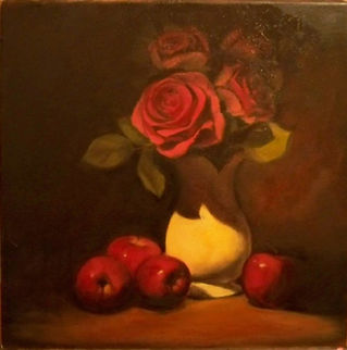 Apples and roses. Oil on linen. 20 x 20 inches.