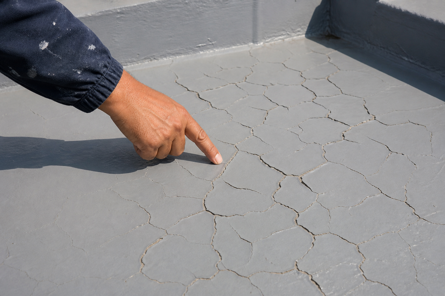 Why has a hard topcoat cracked over flexible waterproofing?