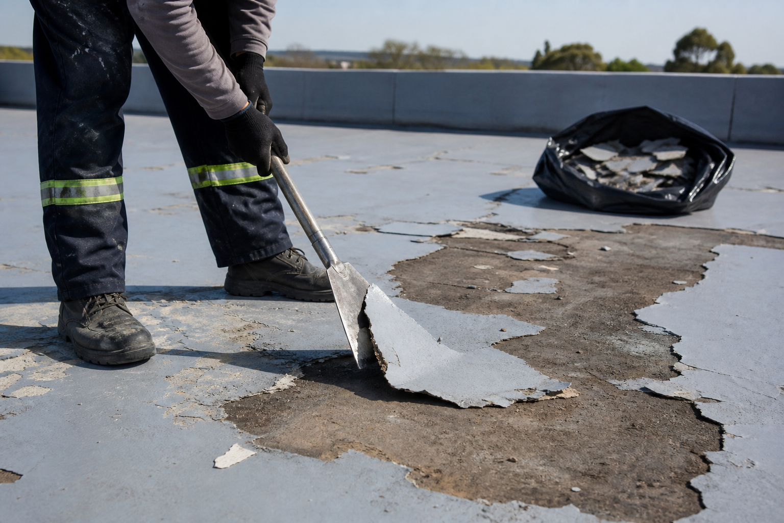 What should I do when old roof waterproofing is peeling or failing?